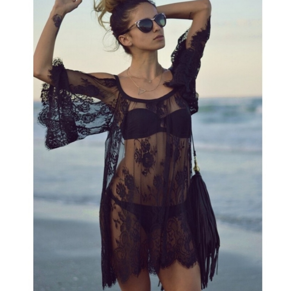 Boho Lace Feminine Black Beach Swim Cover Up